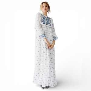 Antik Batik Loti Long White Sheer Caftan Beaded Embroidered Maxi Dress medium